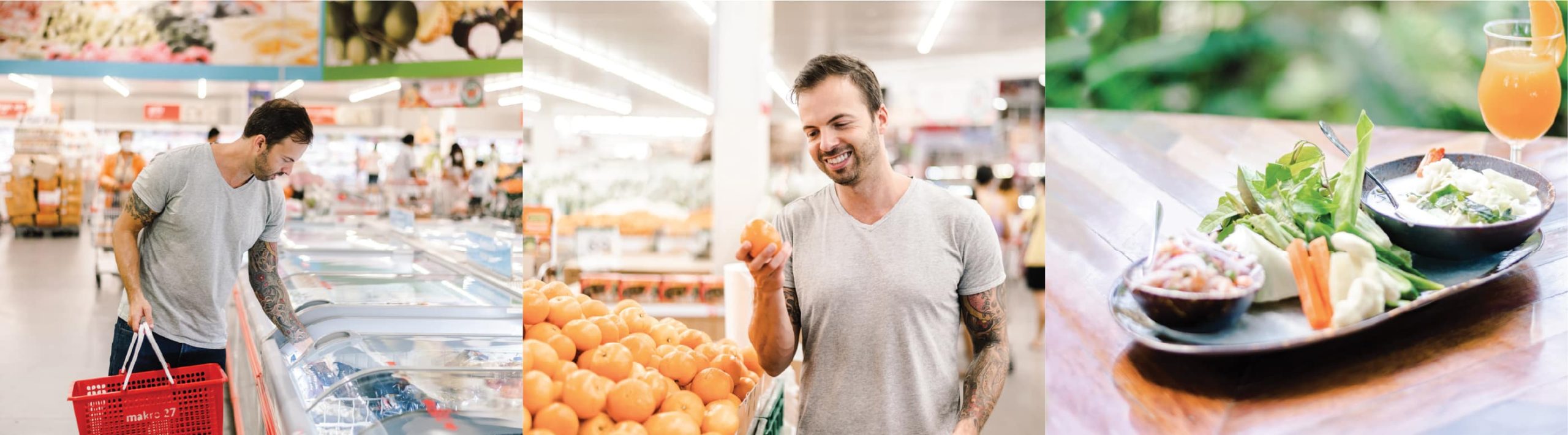 Andy shopping for vegetables